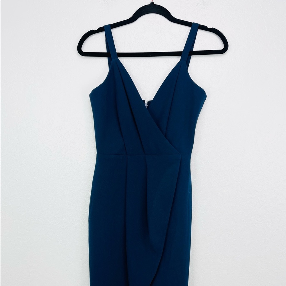 Dress the Population Navy Blue faux wrap Asymmetrical pleated dress - Picture 4 of 8